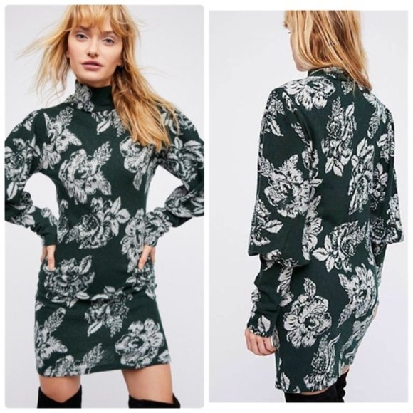 FREE PEOPLE Dress Long Sleeve Mini Sweater Wool Mock Neck Floral Boho Green XS - Picture 2 of 10